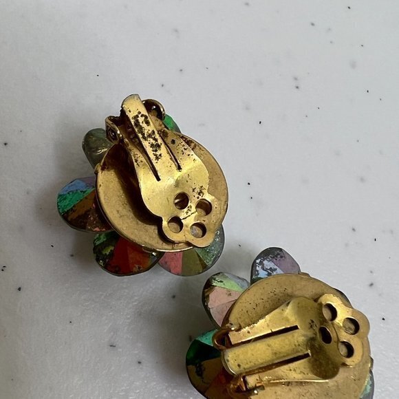 Vintage Rivoli‎ Earrings Clip On Rainbow AB Beaded Swirl Gold Tone - Picture 6 of 9